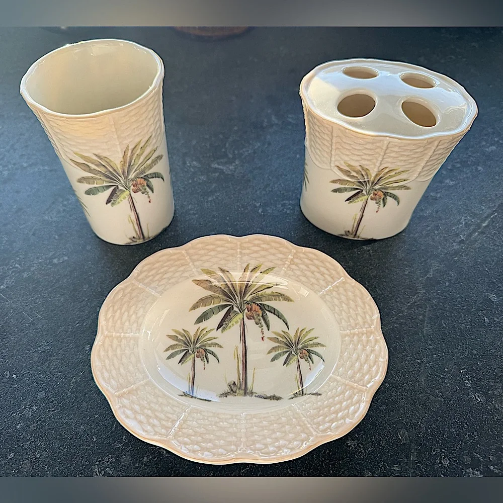3-Piece Tropical Palm Tree Bathroom Ceramic Accessory Set